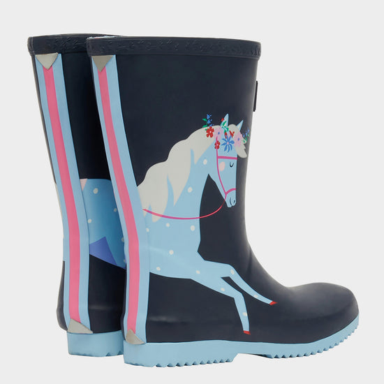 Kids Roll Up Wellies Navy Horses