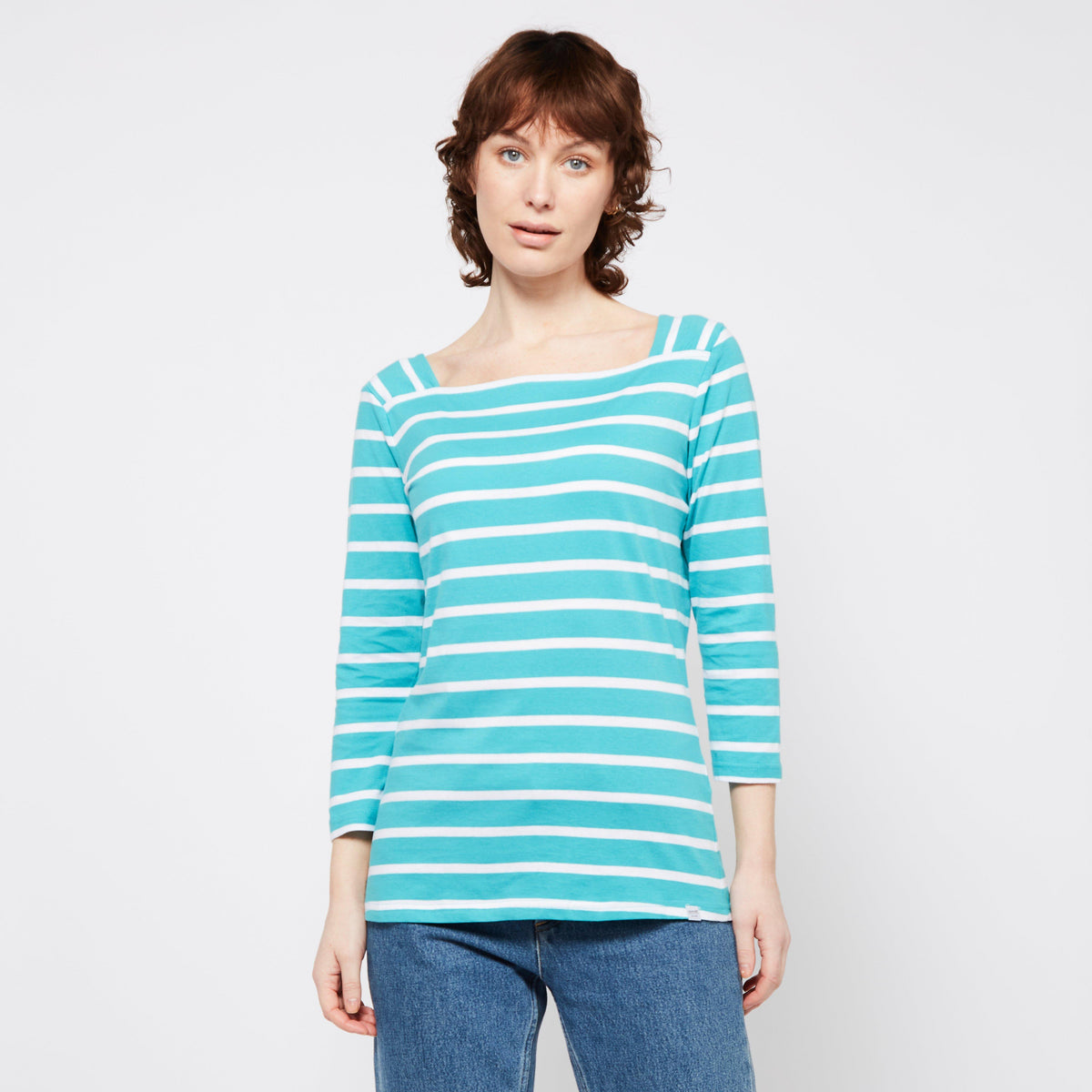 Ladies Polexia Square Neck Top Turquoise White Stripe