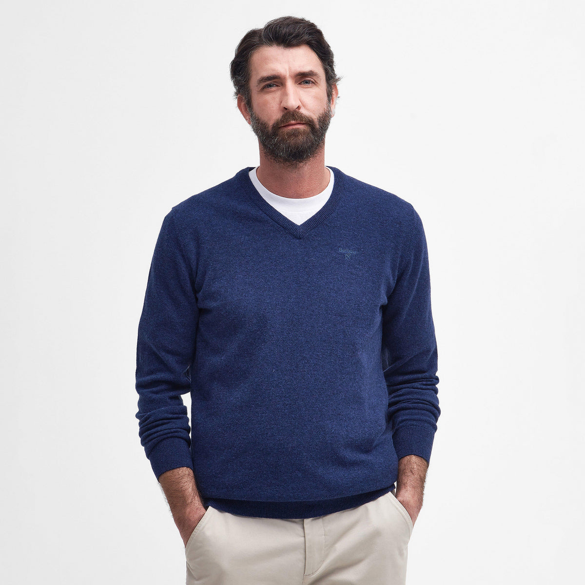 Mens Essential Lambswool V Neck Sweater Deep Blue