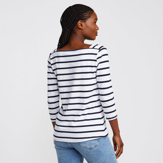 Ladies Polexia Square Neck Top White Navy Stripe