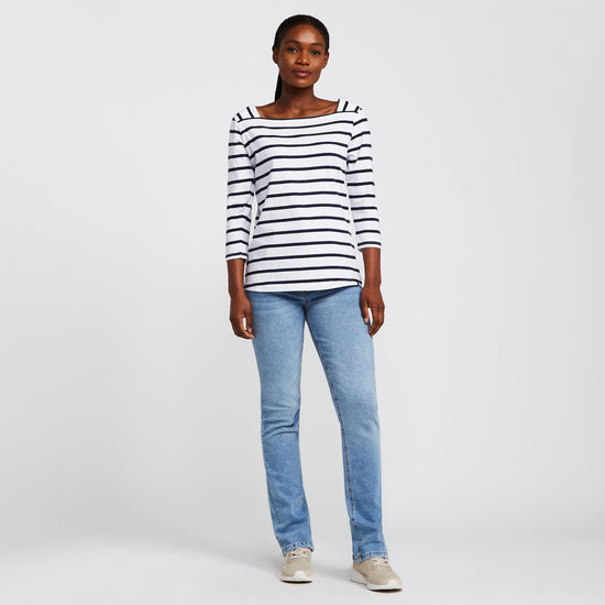 Ladies Polexia Square Neck Top White Navy Stripe