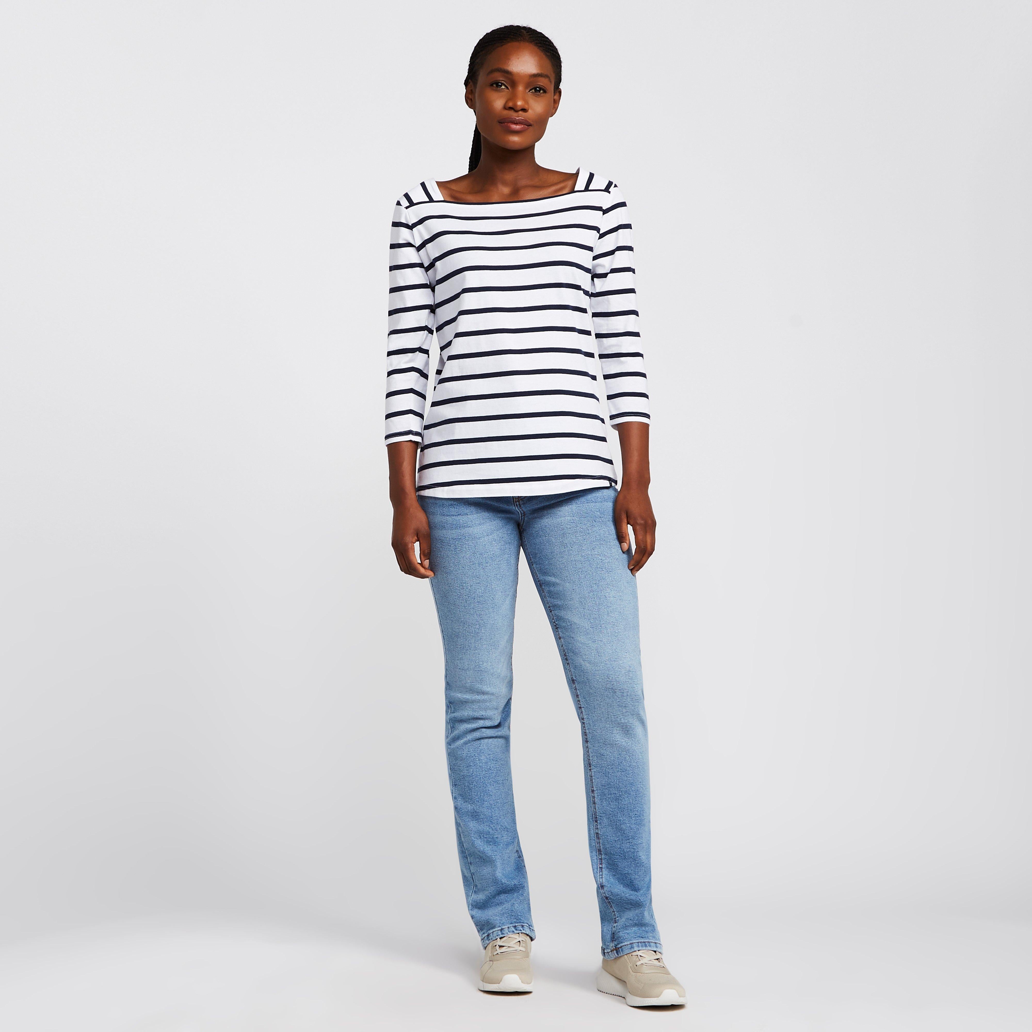 Ladies Polexia Square Neck Top White Navy Stripe