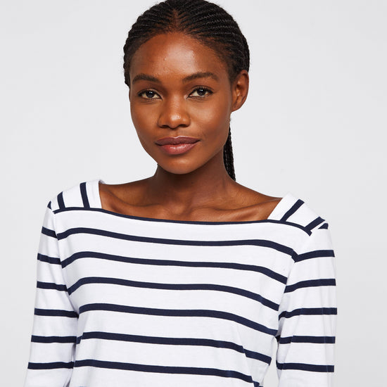 Ladies Polexia Square Neck Top White Navy Stripe