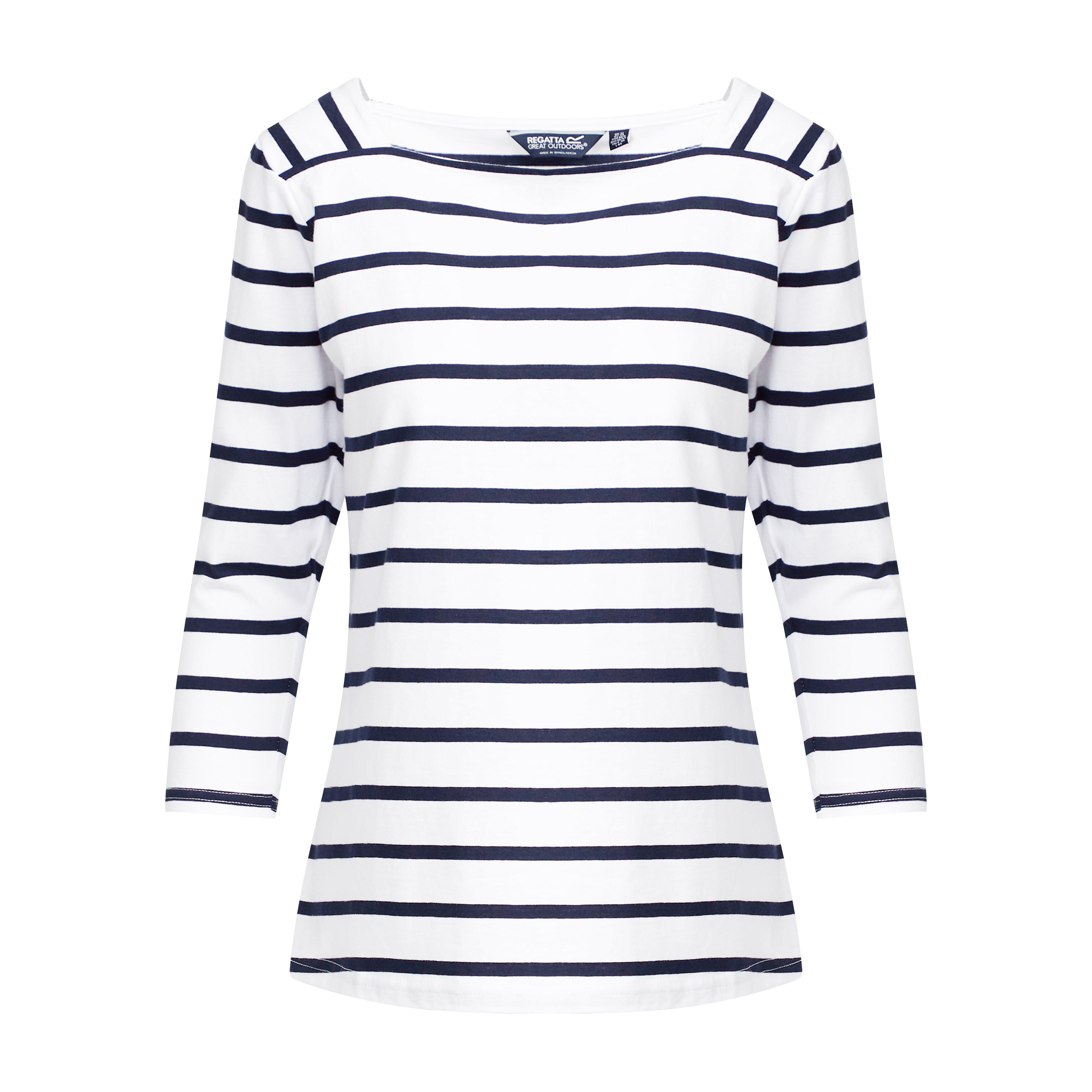 Ladies Polexia Square Neck Top White Navy Stripe