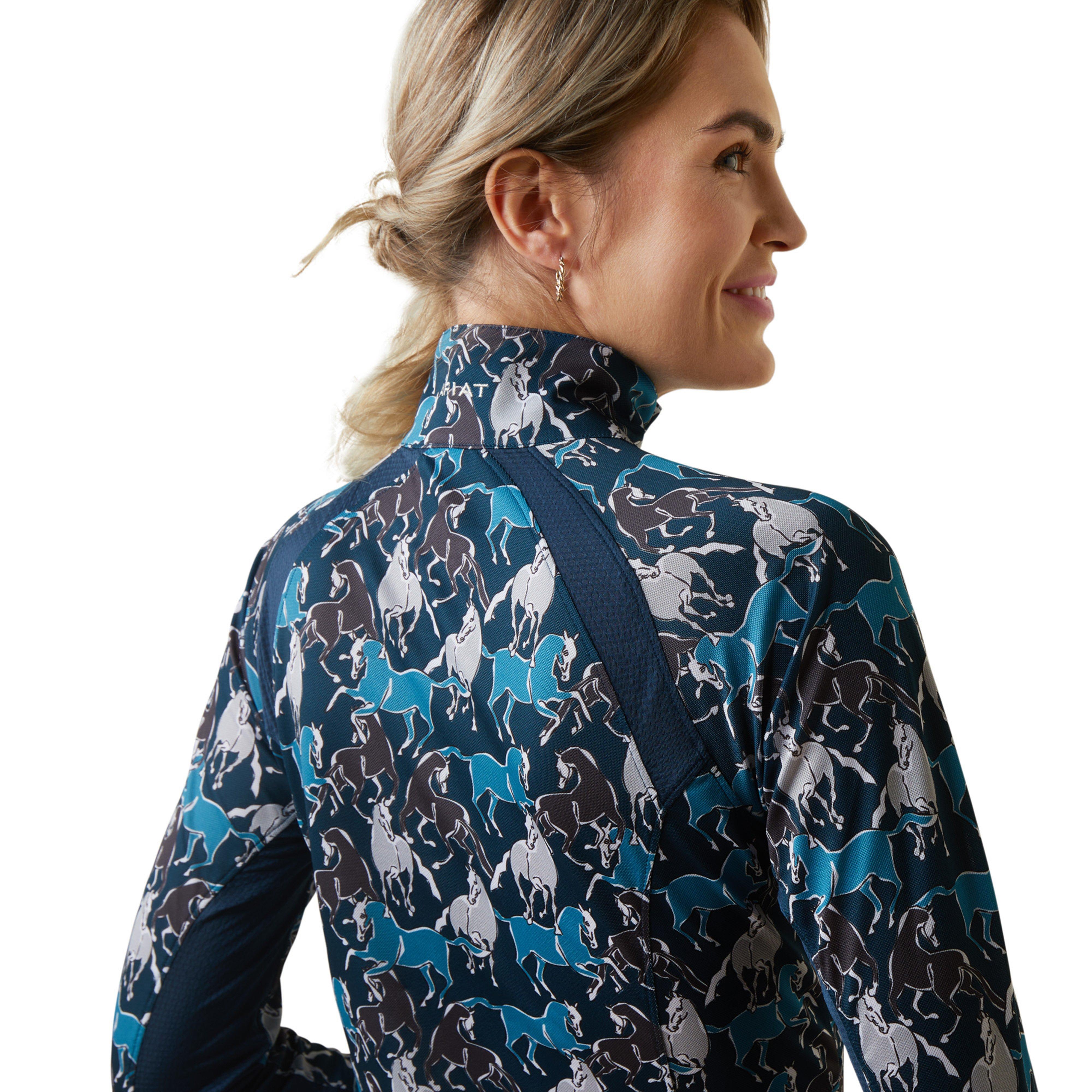 Womens Sunstopper 2.0 1/4 Zip Base Layer Mosaic Blue Reflections Print