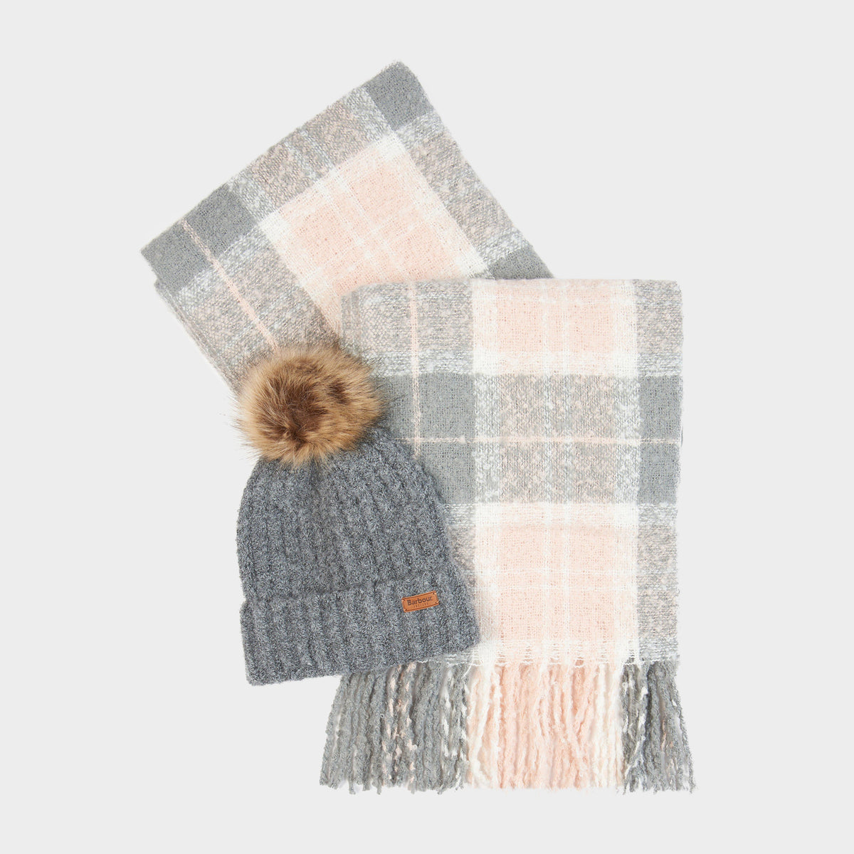 Womens Saltburn Beanie & Tartan Scarf Set Grey Rose