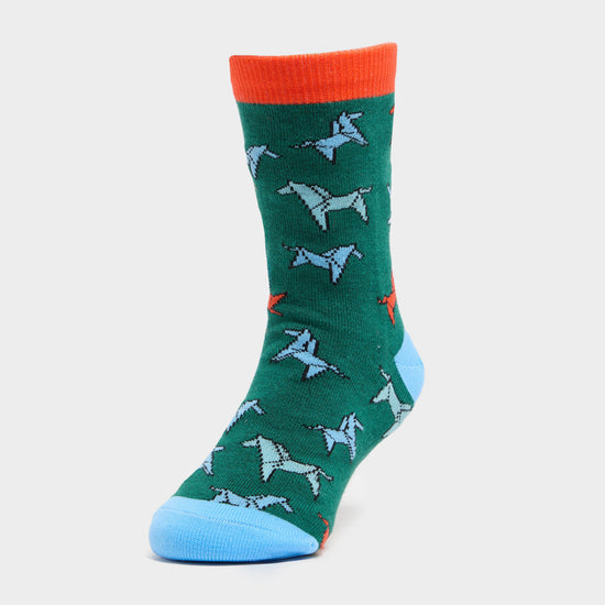 Kids Ankle Socks Green Horse