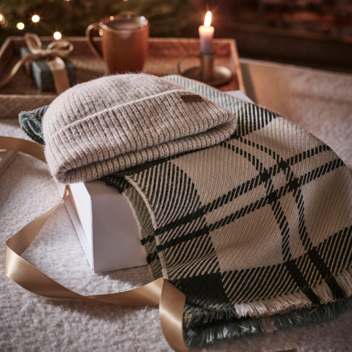 Saltburn Beanie & Tartan Scarf Gift Set Soft Mint