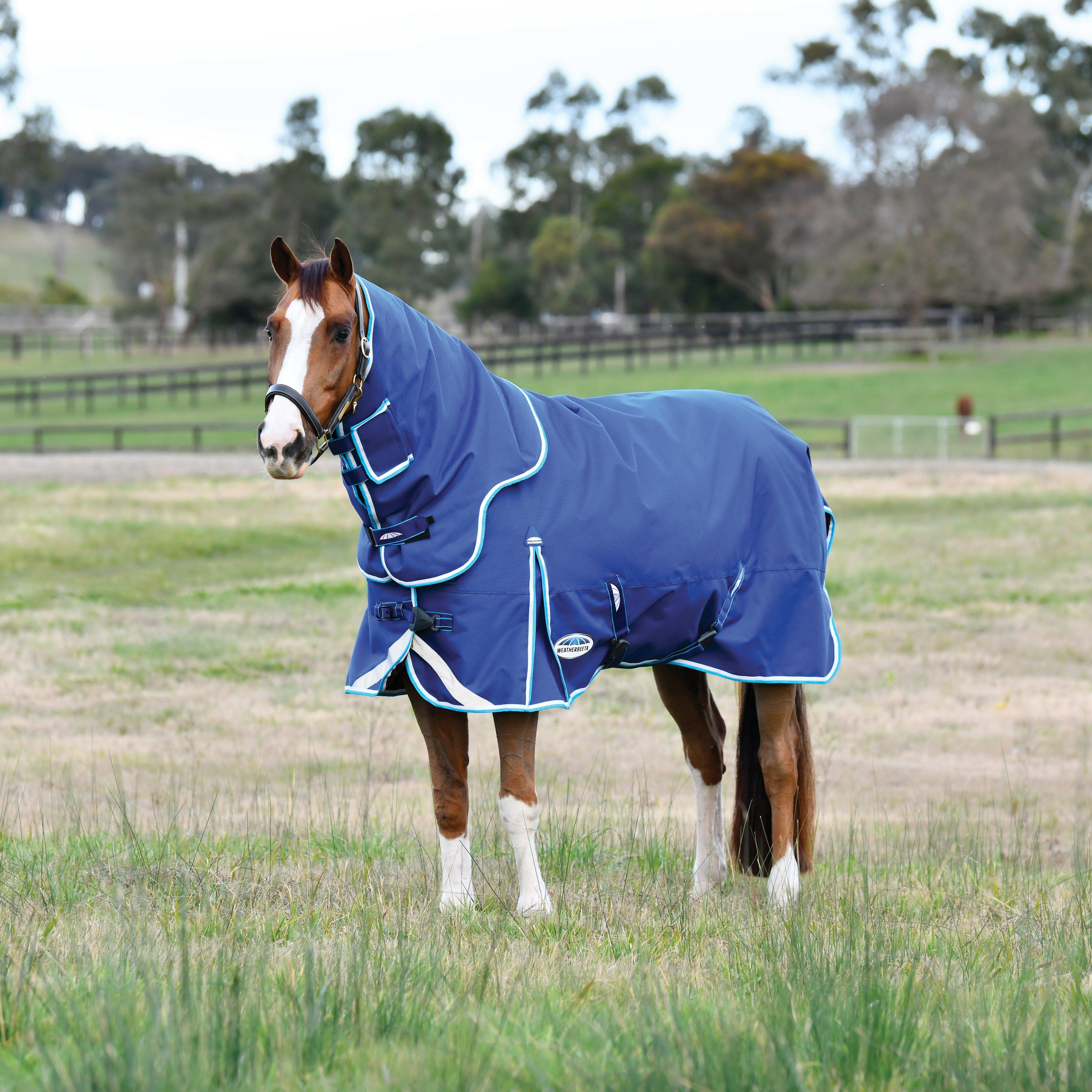 ComFiTec Ultra Hardi Detach-A-Neck 100g Medium/Light Weight Turnout Rug Blue/Bright Blue/White