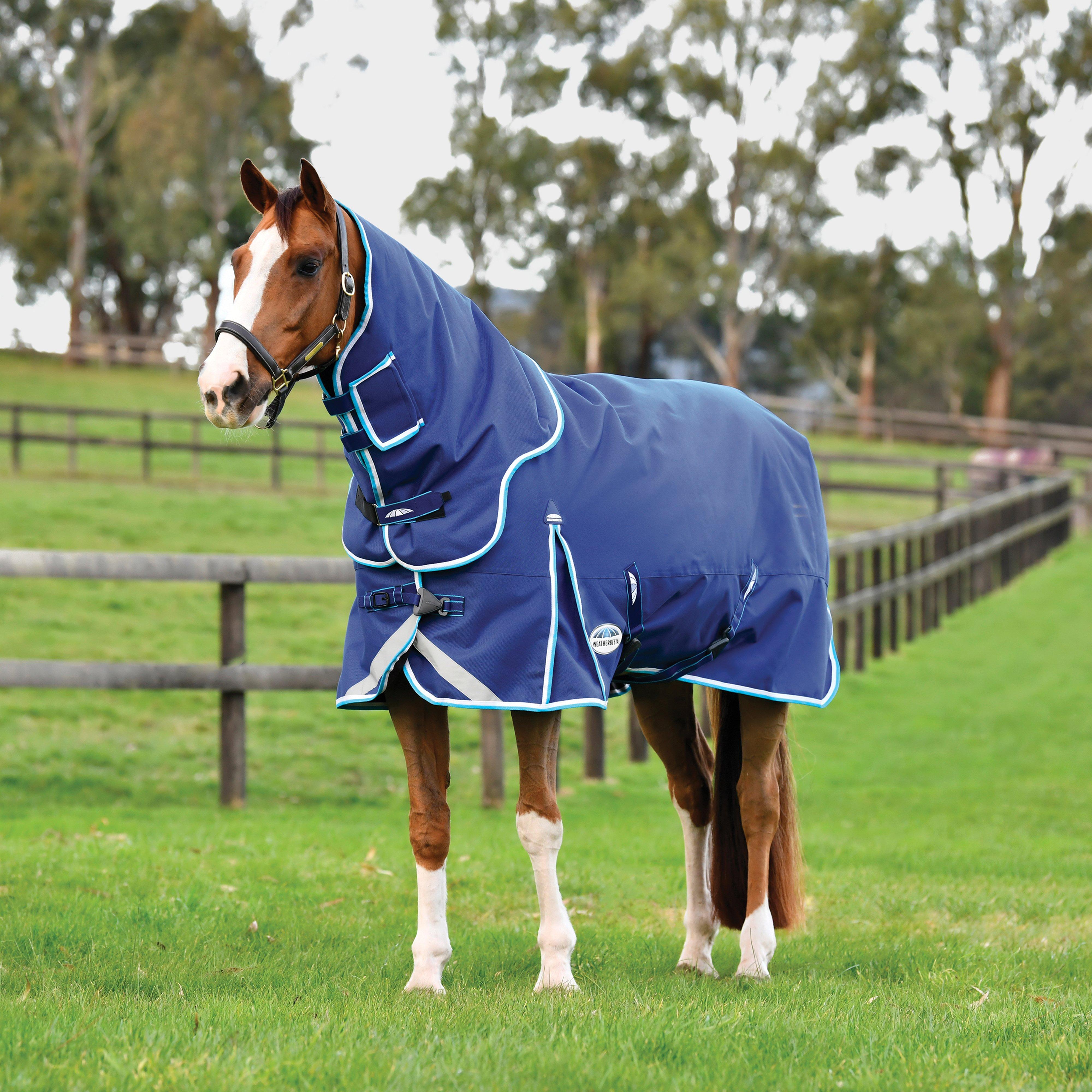 ComFiTec Ultra Hardi Detach-A-Neck 220g Mediumweight Turnout Rug Blue/Bright Blue/White