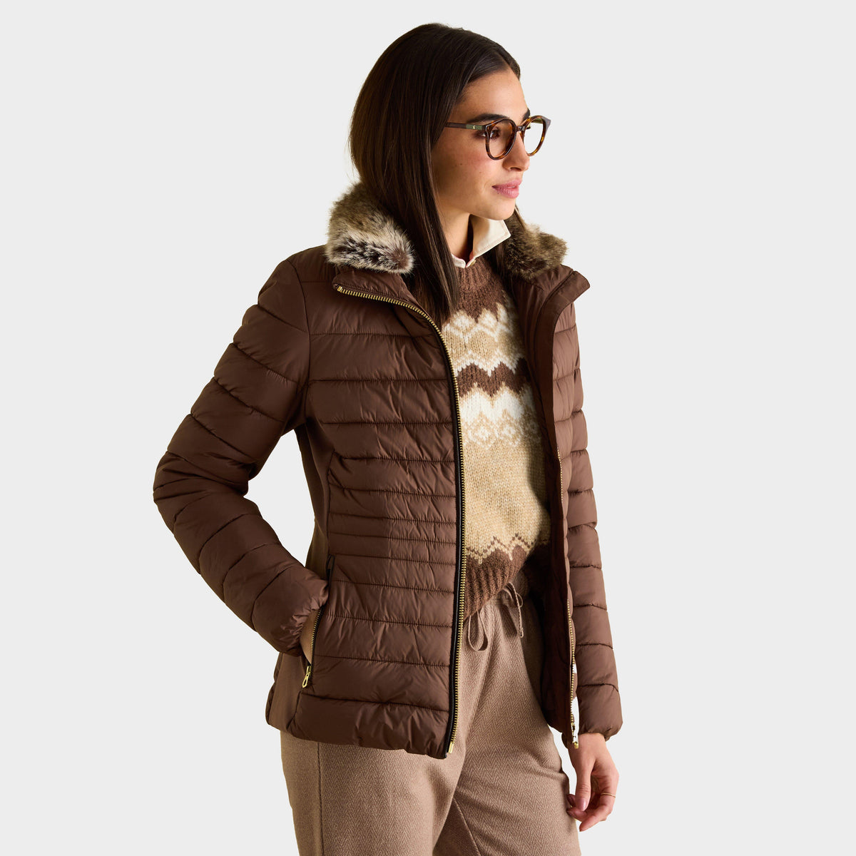 Womens Beckley Padded Showerproof Jacket With Faux Fur Trim Brown