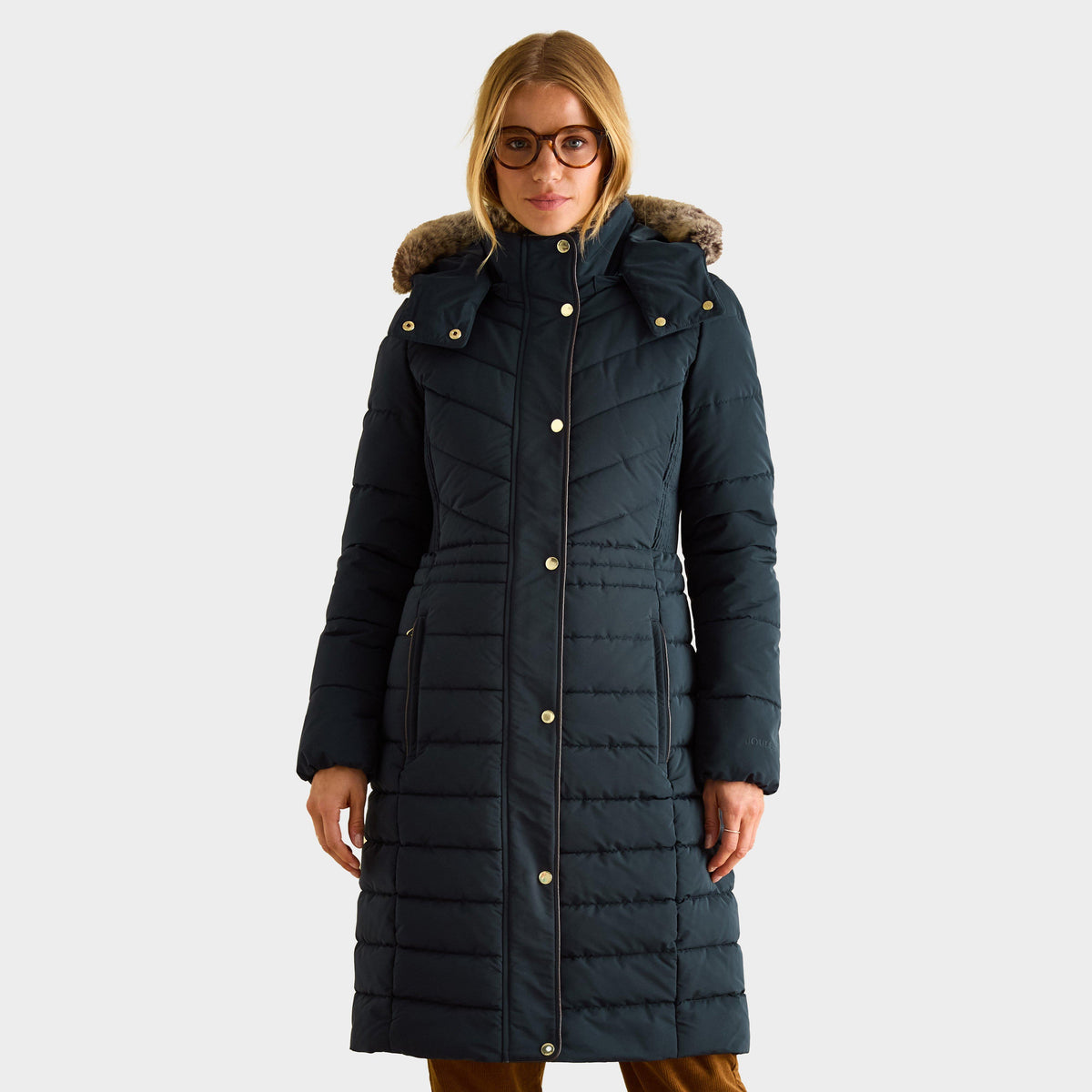 Womens Cherington Showerproof Longline Padded Coat with Faux Fur Hood Navy