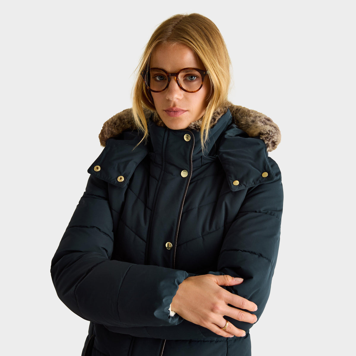 Womens Cherington Showerproof Longline Padded Coat with Faux Fur Hood Navy