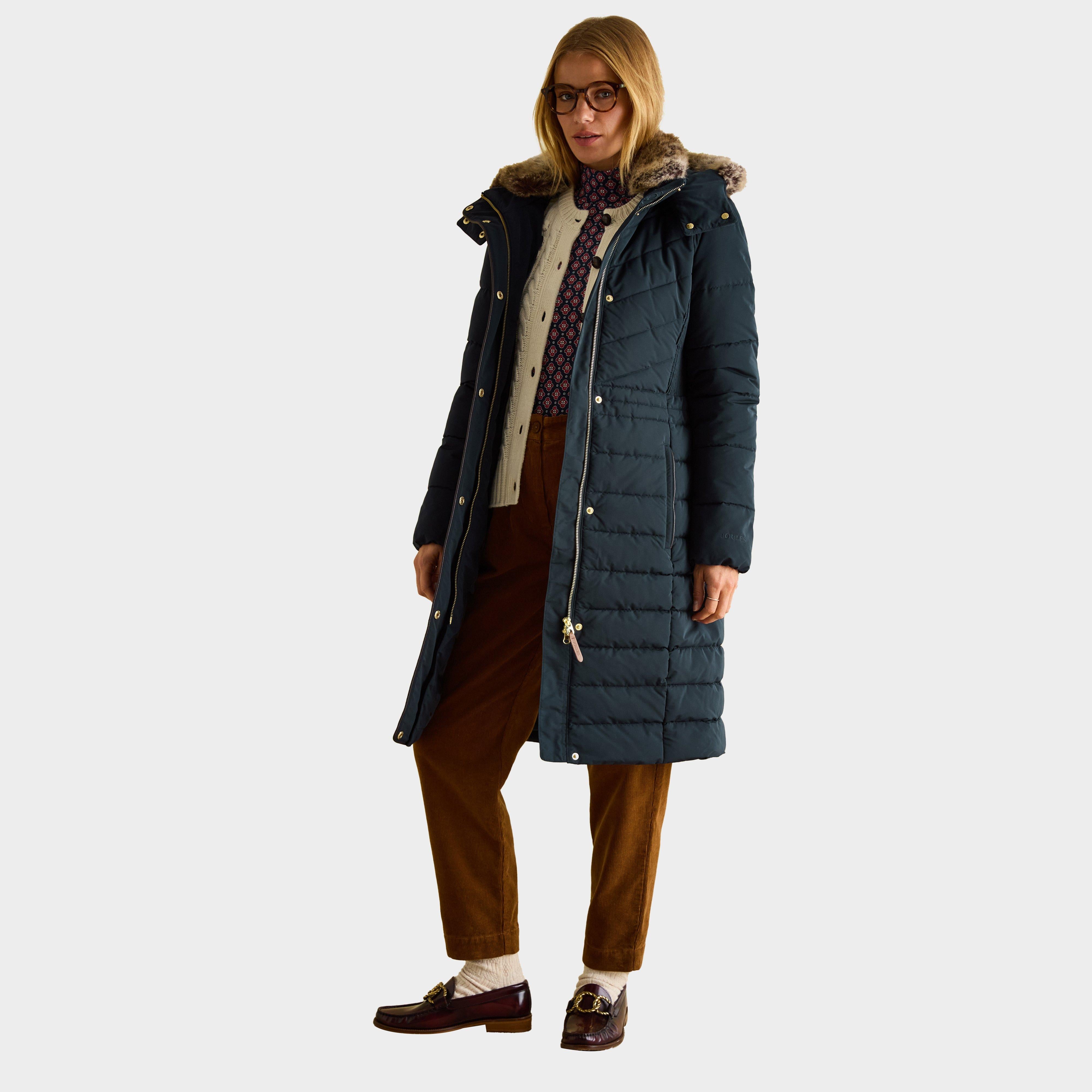 Womens Cherington Showerproof Longline Padded Coat with Faux Fur Hood Navy