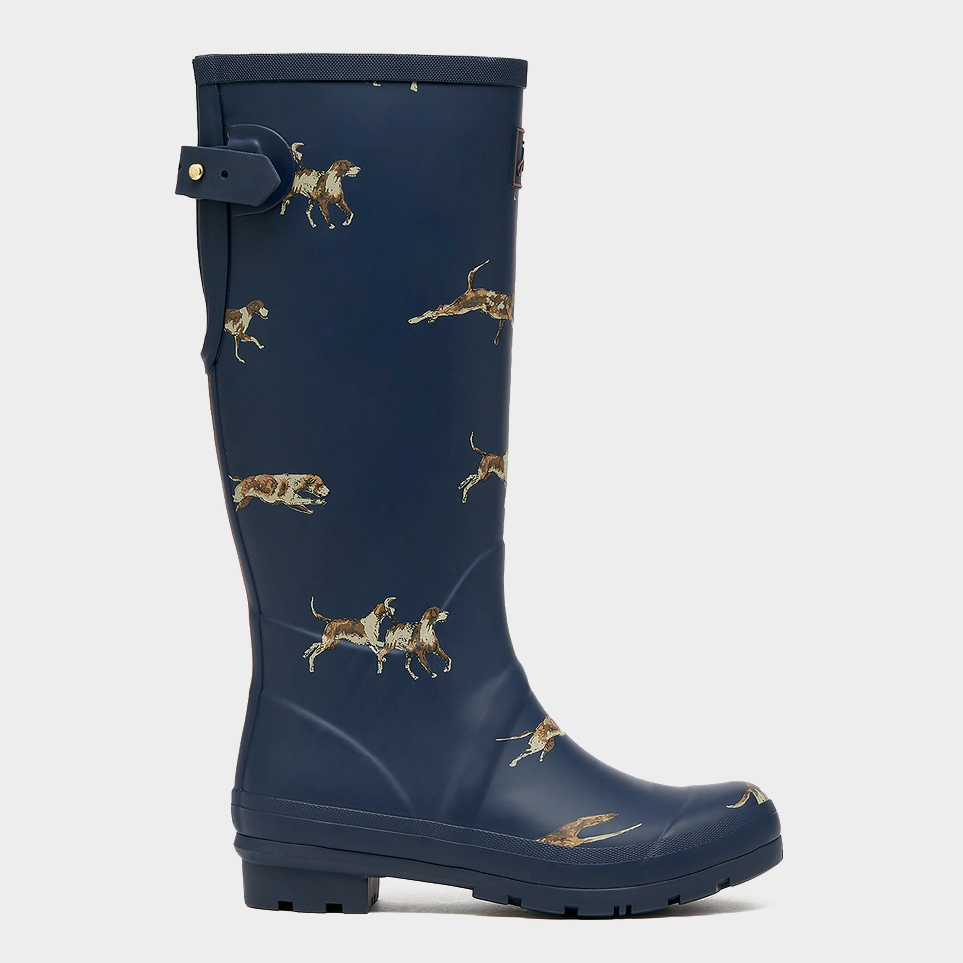 Womens Dog Print Adjustable Tall Wellies Navy Blue