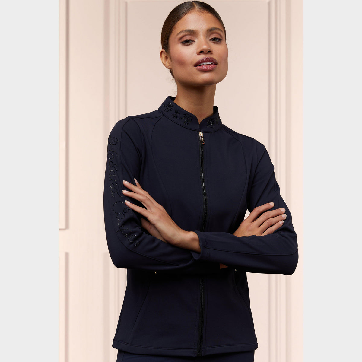 Womens Crystal Zip Sweater Ink Navy