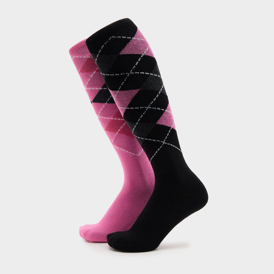 Kids Equestrian Argyle 2 Pack Socks Black/Pink