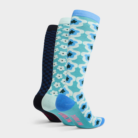 Adults 3 Pack Socks Teal/Geometric/Flowers