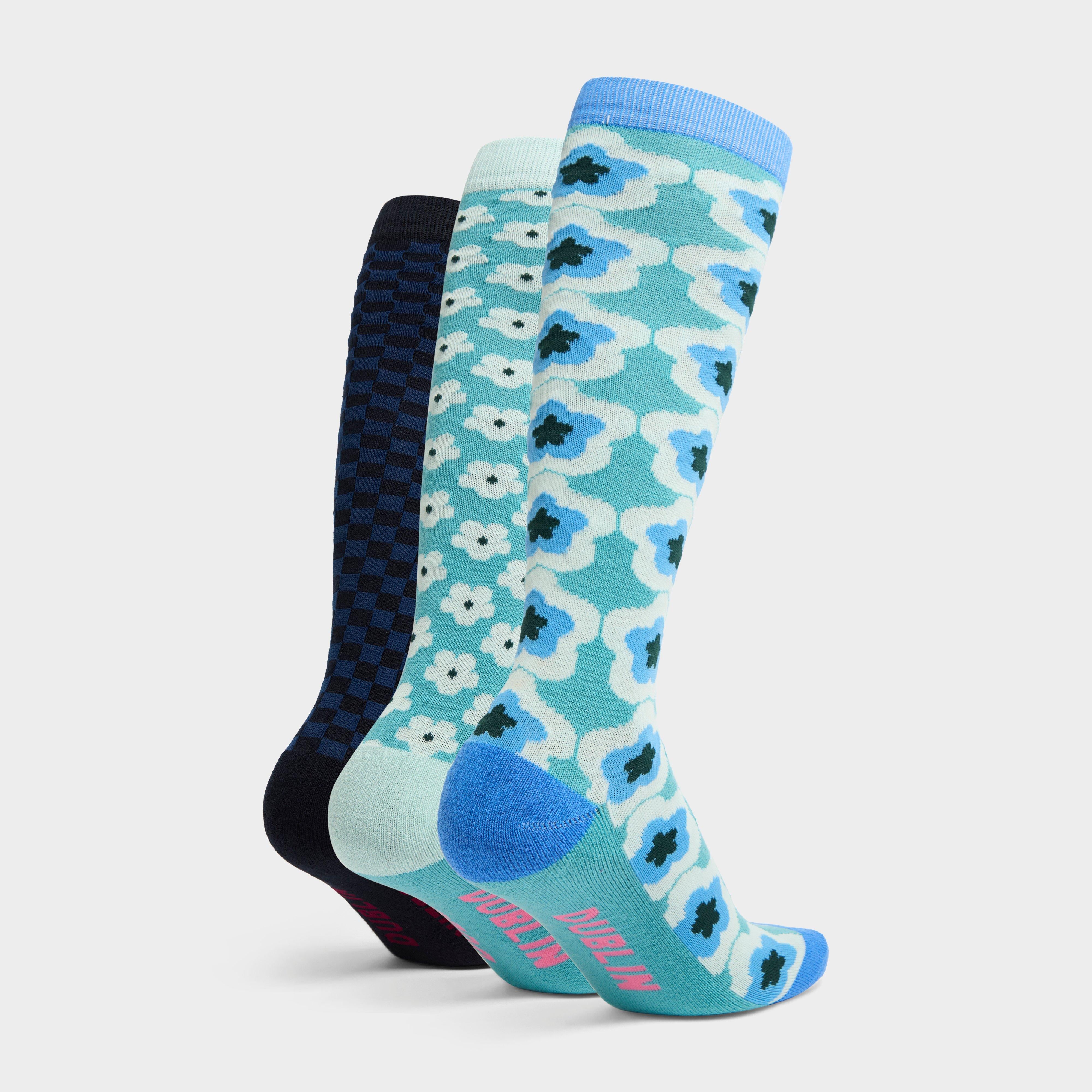 Adults 3 Pack Socks Teal/Geometric/Flowers