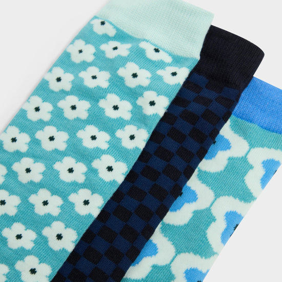 Adults 3 Pack Socks Teal/Geometric/Flowers