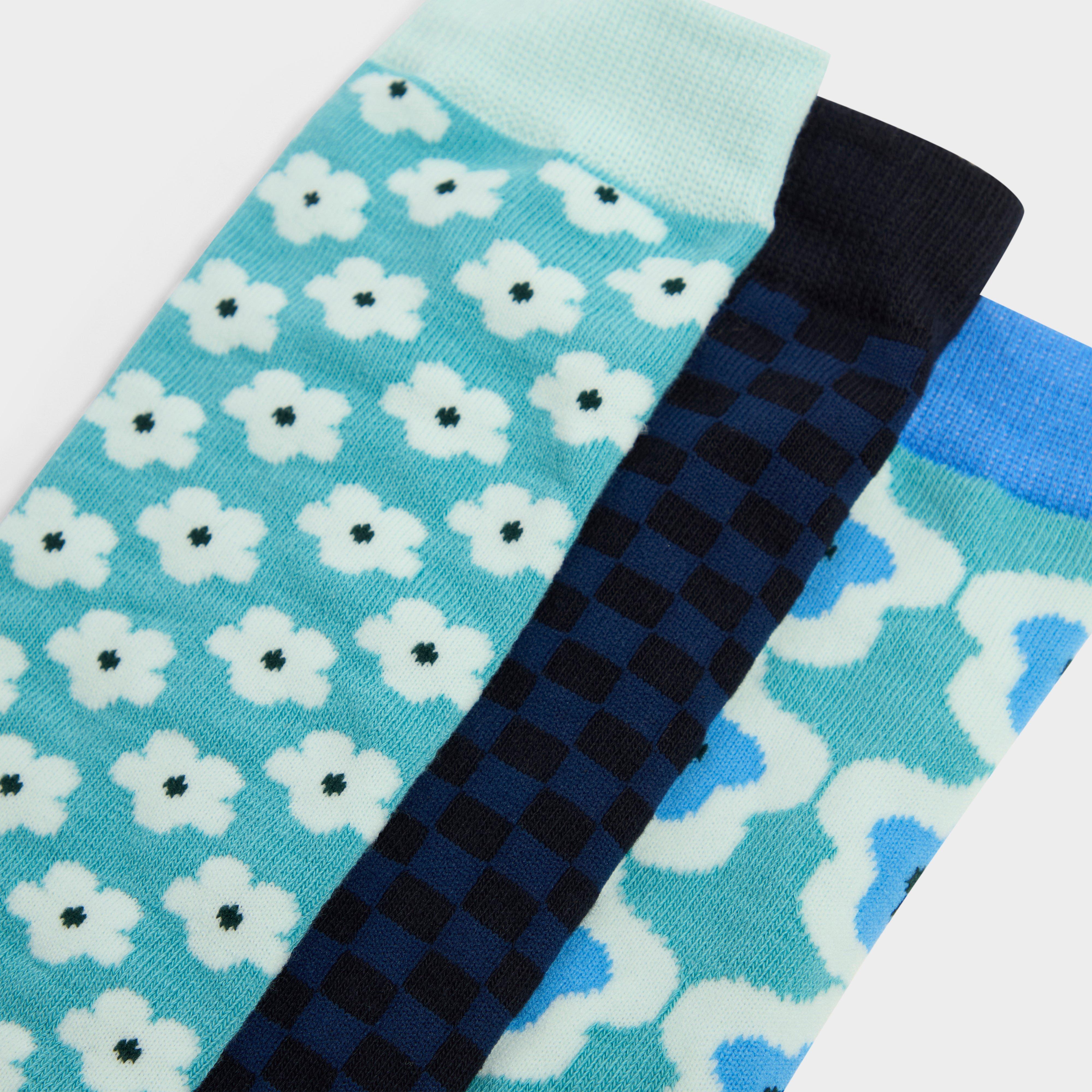 Adults 3 Pack Socks Teal/Geometric/Flowers
