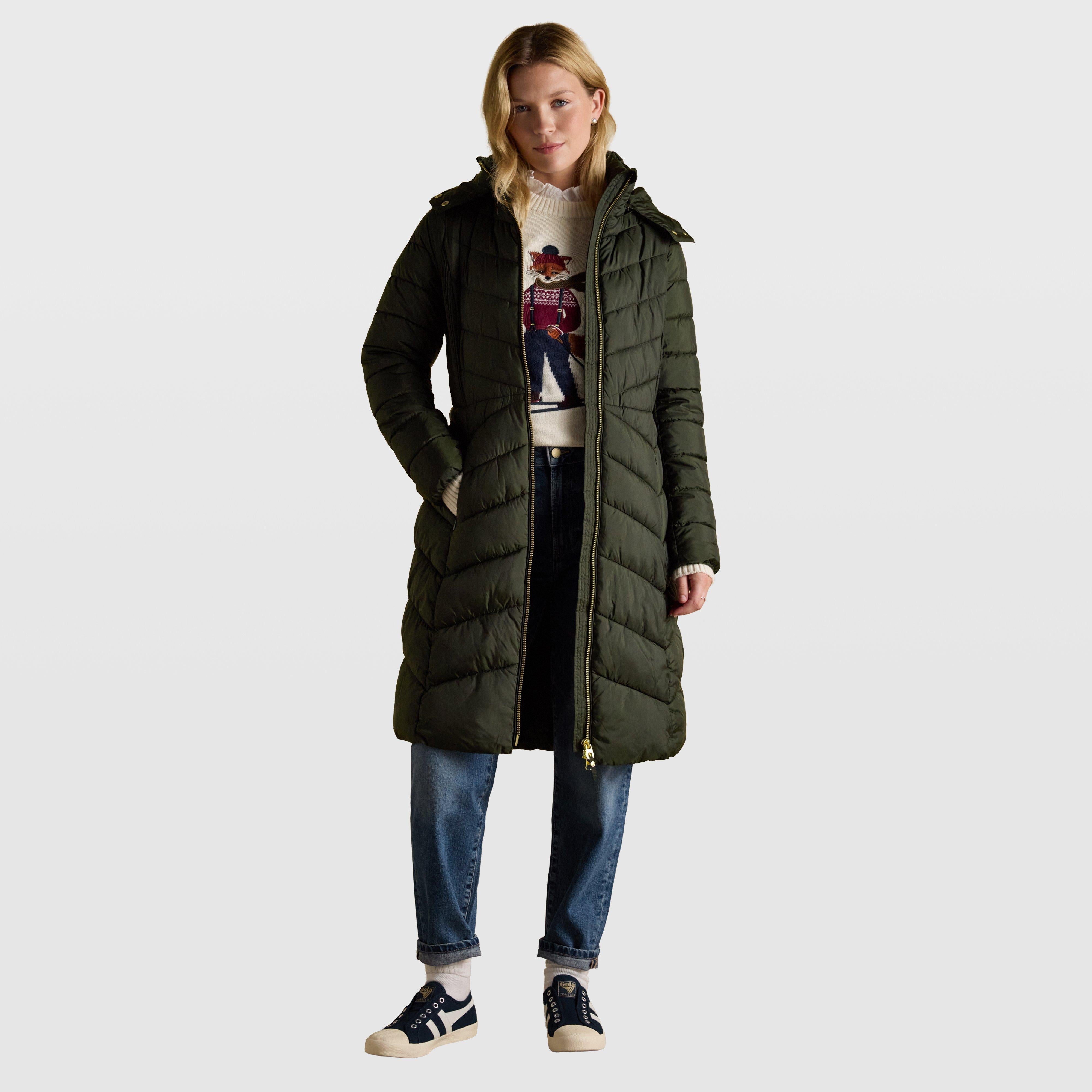 Womens Pembury Showerproof Longline Padded Coat With Hood Khaki