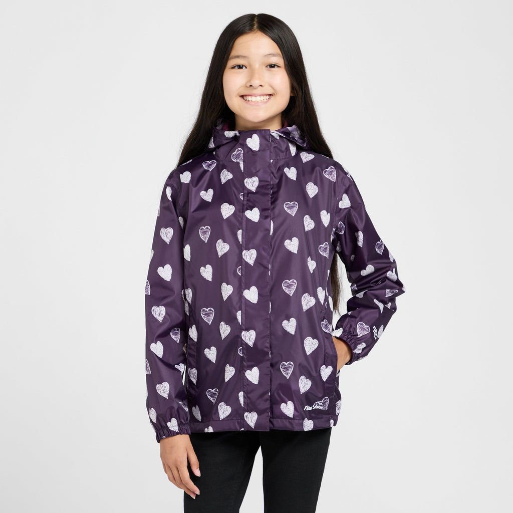 Kids Packable Waterproof Jacket Purple/White Love Hearts
