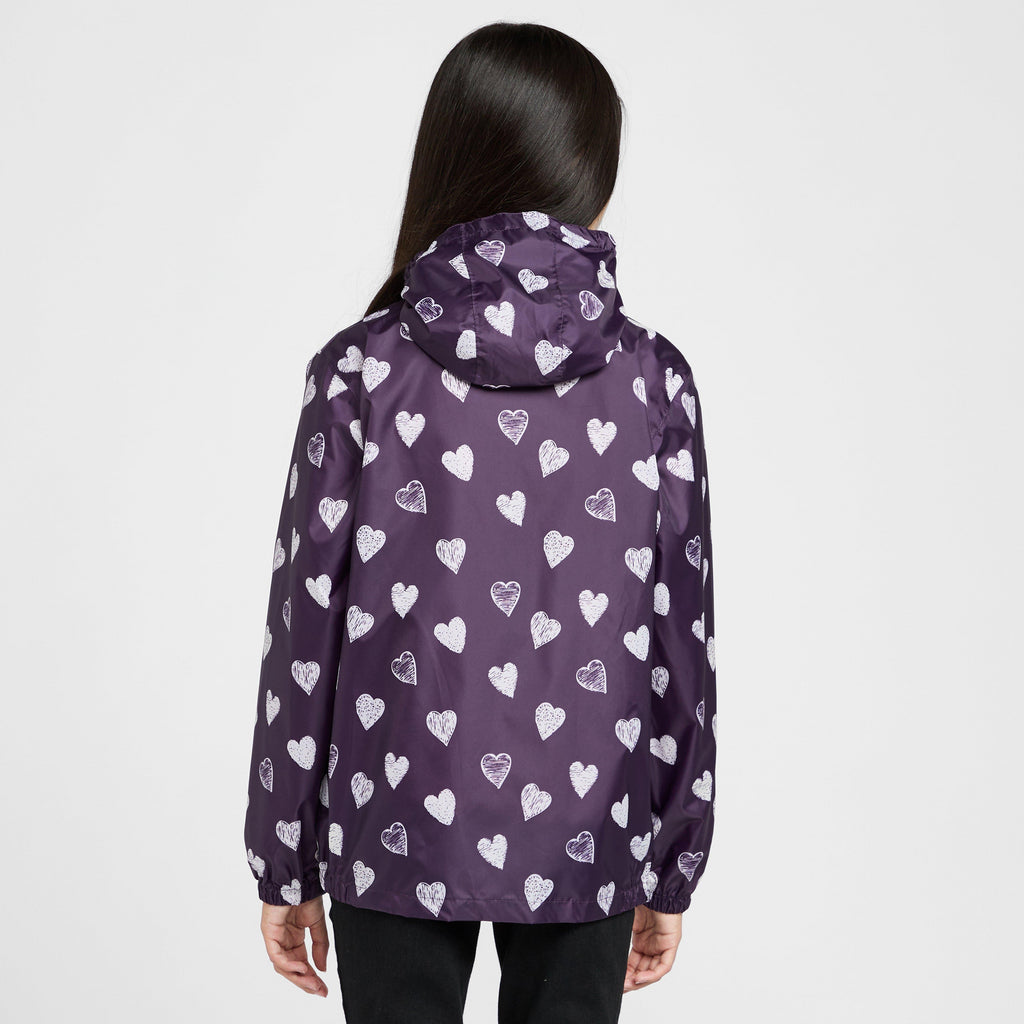 Kids Packable Waterproof Jacket Purple/White Love Hearts