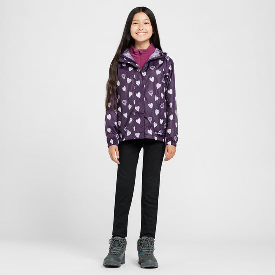 Kids Packable Waterproof Jacket Purple/White Love Hearts