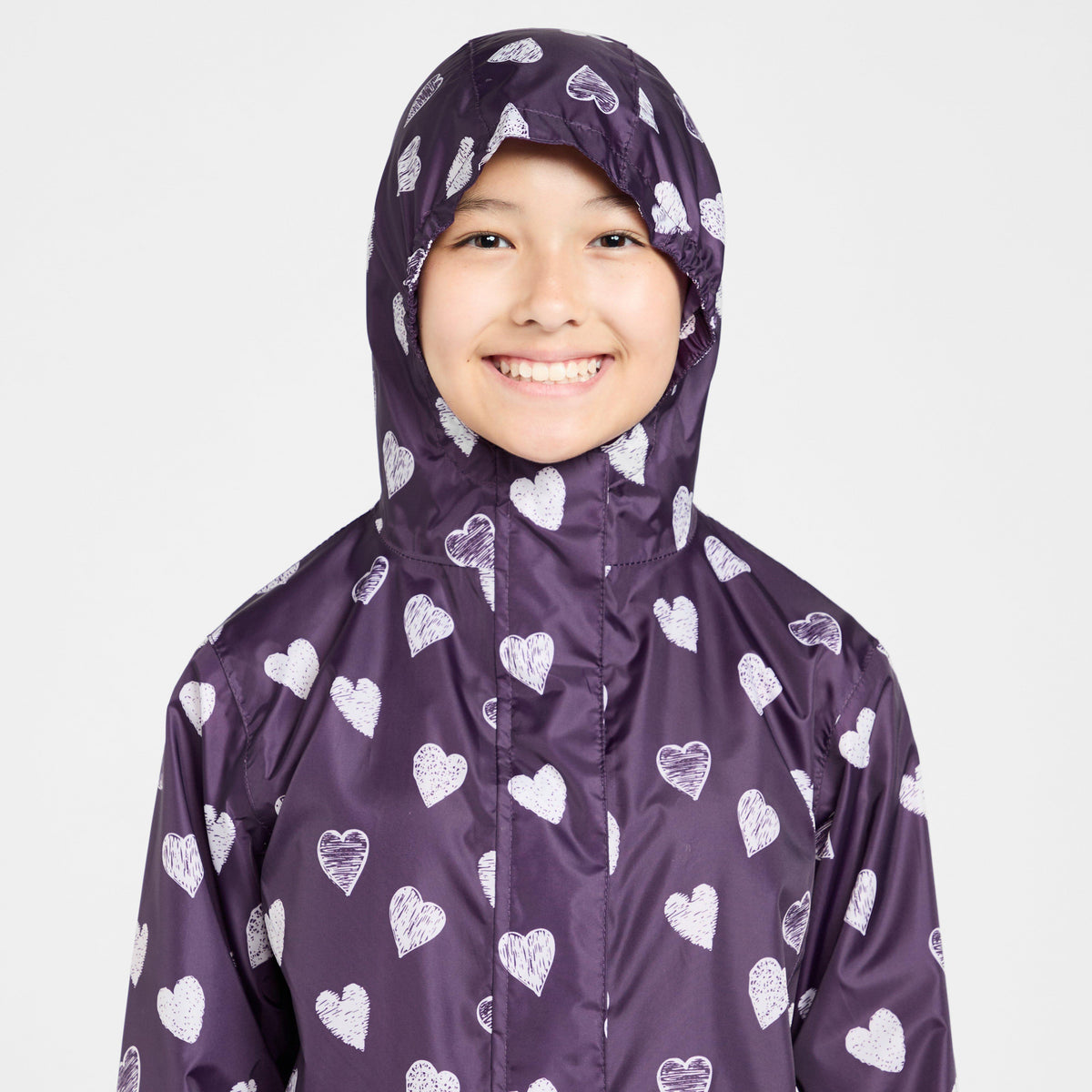 Kids Packable Waterproof Jacket Purple/White Love Hearts