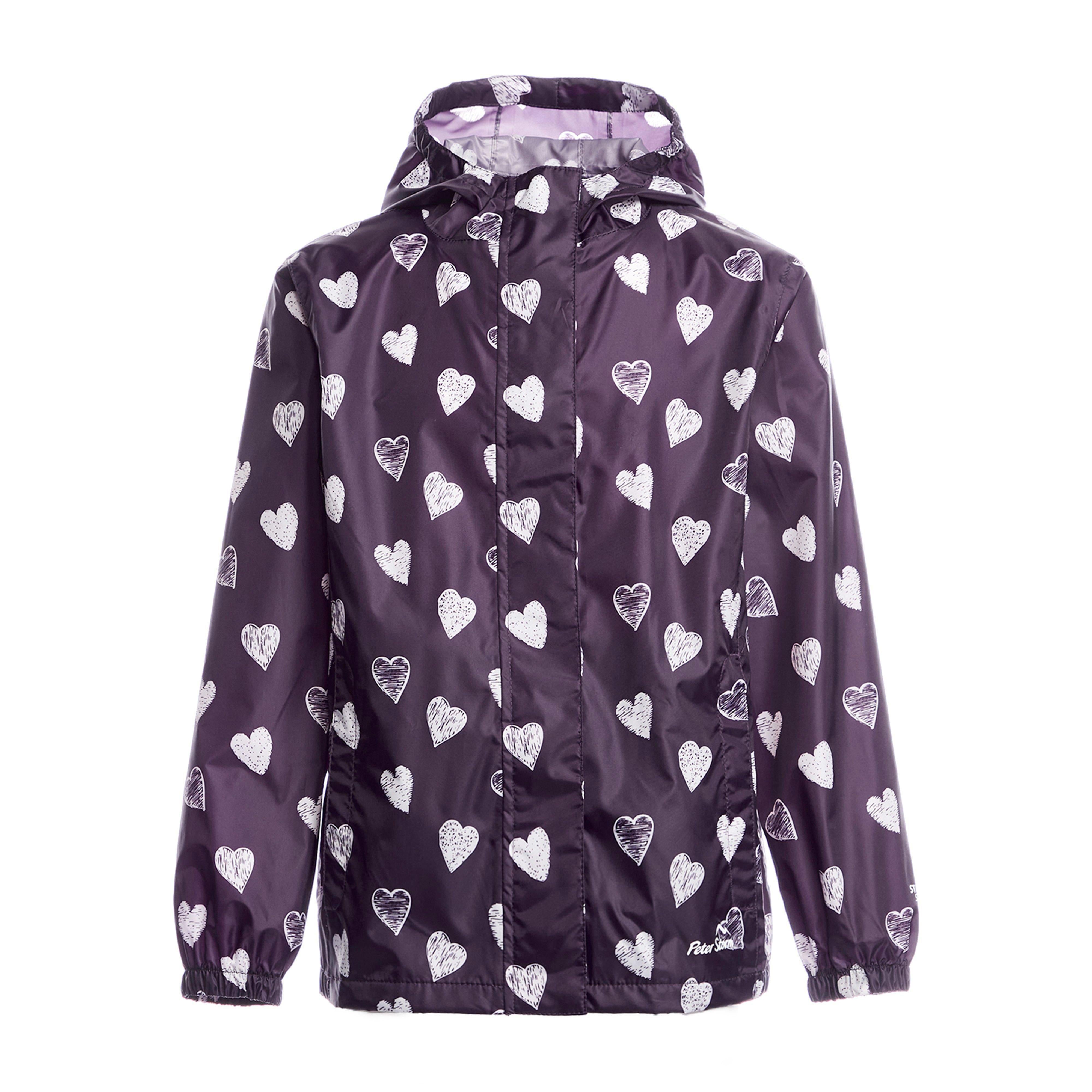 Kids Packable Waterproof Jacket Purple/White Love Hearts