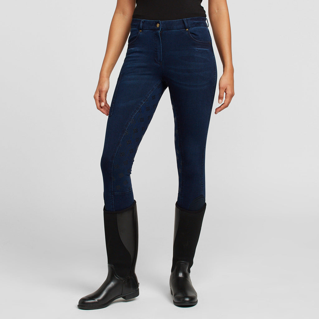 Womens Shona Full Grip Silicone Print Denim Breeches Light Blue Denim