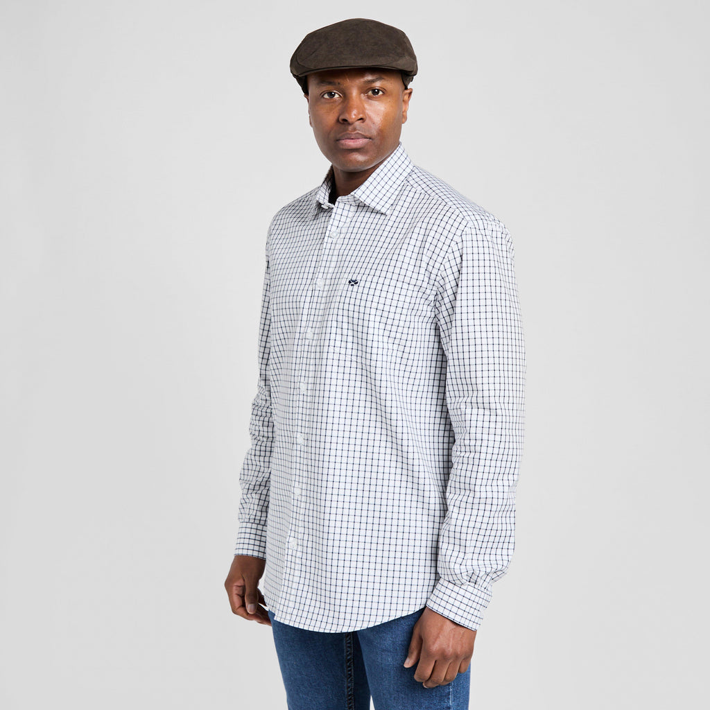 Mens Turnberry Long Sleeve Twill Cotton Shirt White/Navy Check
