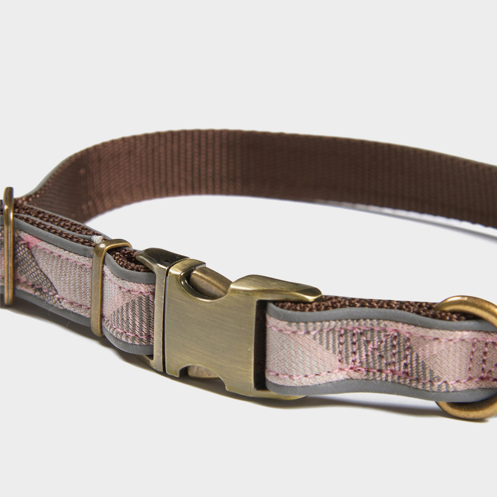 Reflective Tartan Dog Collar Taupe/Pink Tartan
