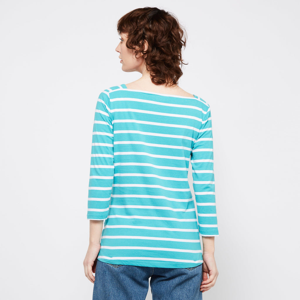 Ladies Polexia Square Neck Top Turquoise White Stripe