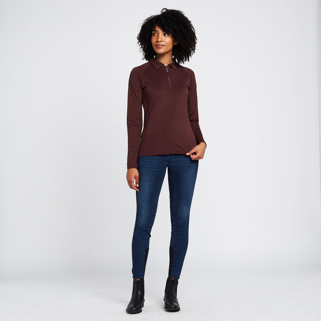 Womens Tiana Pique Long Sleeve Polo Shirt Burgundy Red Mahogany