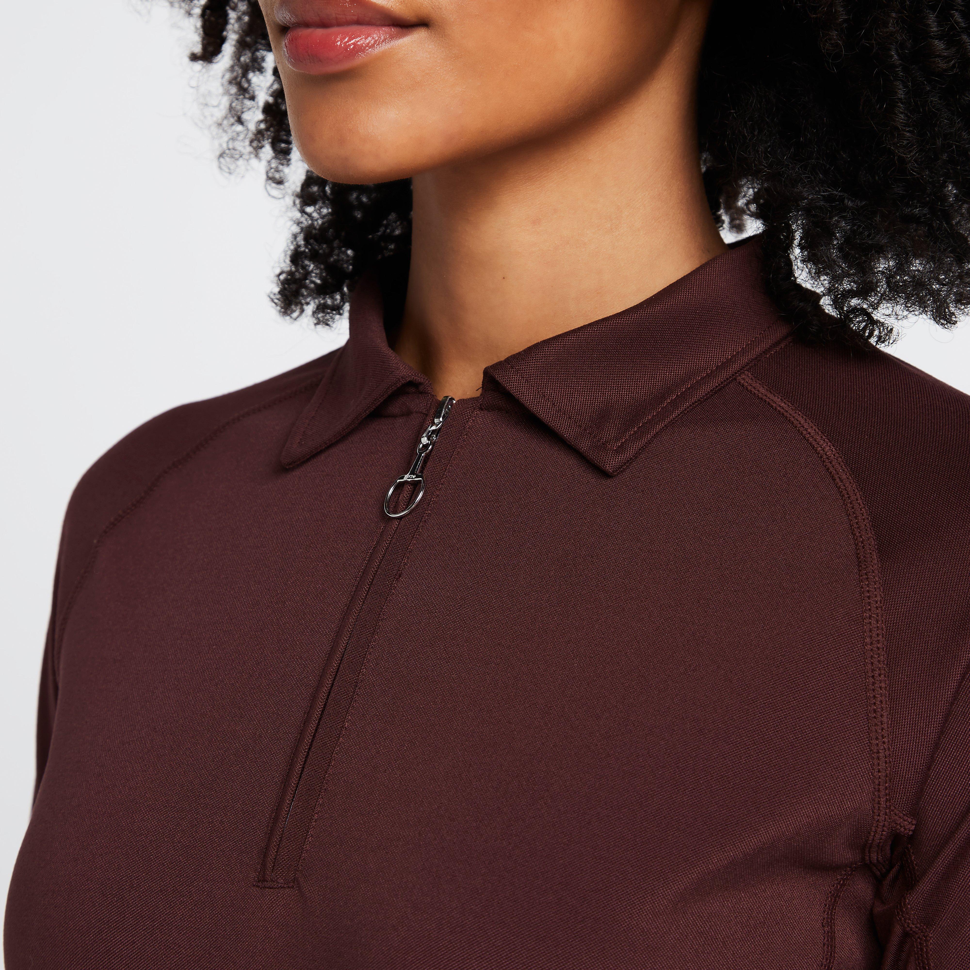 Womens Tiana Pique Long Sleeve Polo Shirt Burgundy Red Mahogany