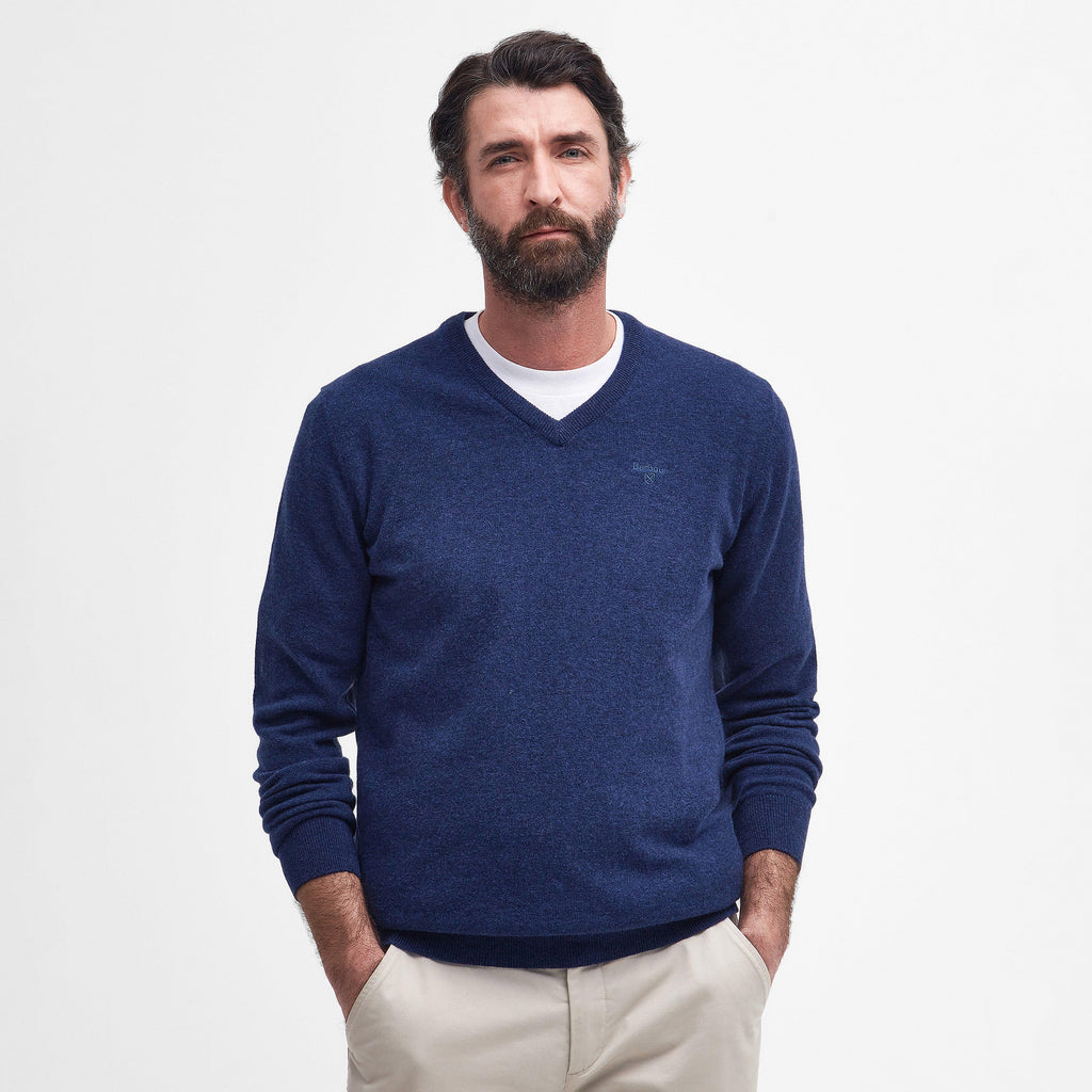 Mens Essential Lambswool V Neck Sweater Deep Blue