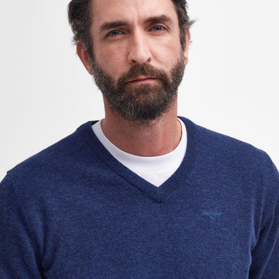 Mens Essential Lambswool V Neck Sweater Deep Blue