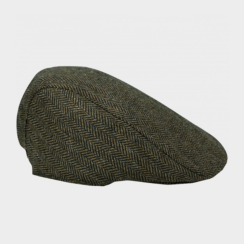 Mens Herringbone Waterproof Tweed Cap Green Check
