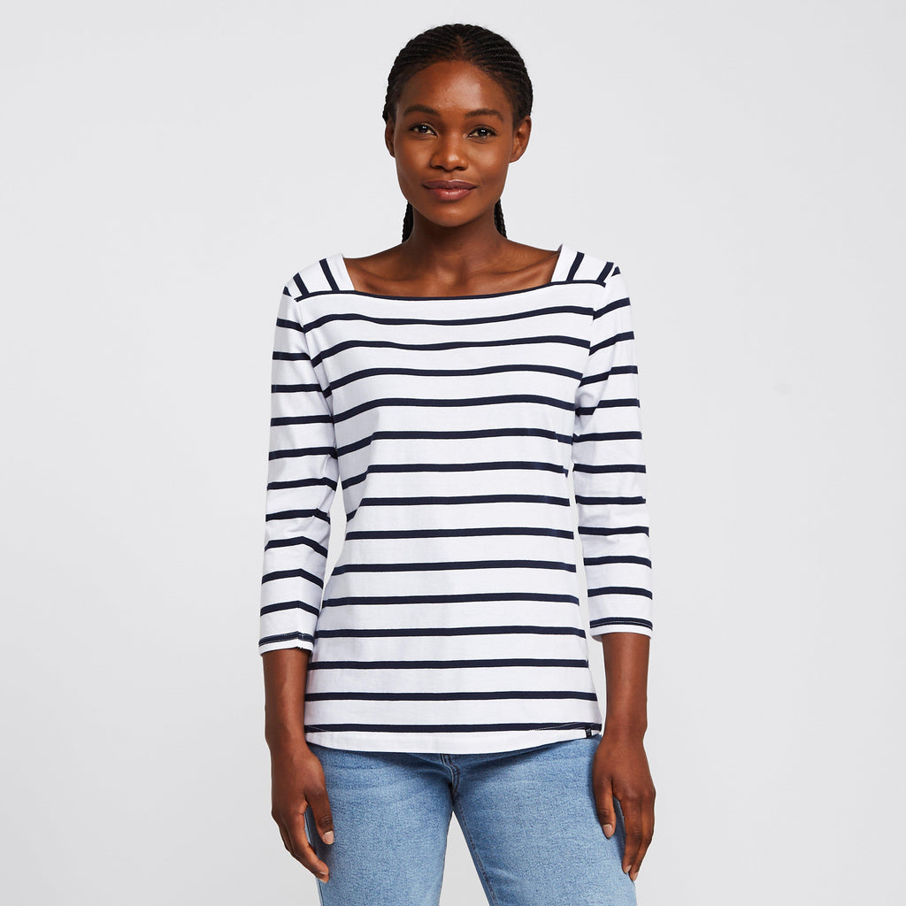 Ladies Polexia Square Neck Top White Navy Stripe