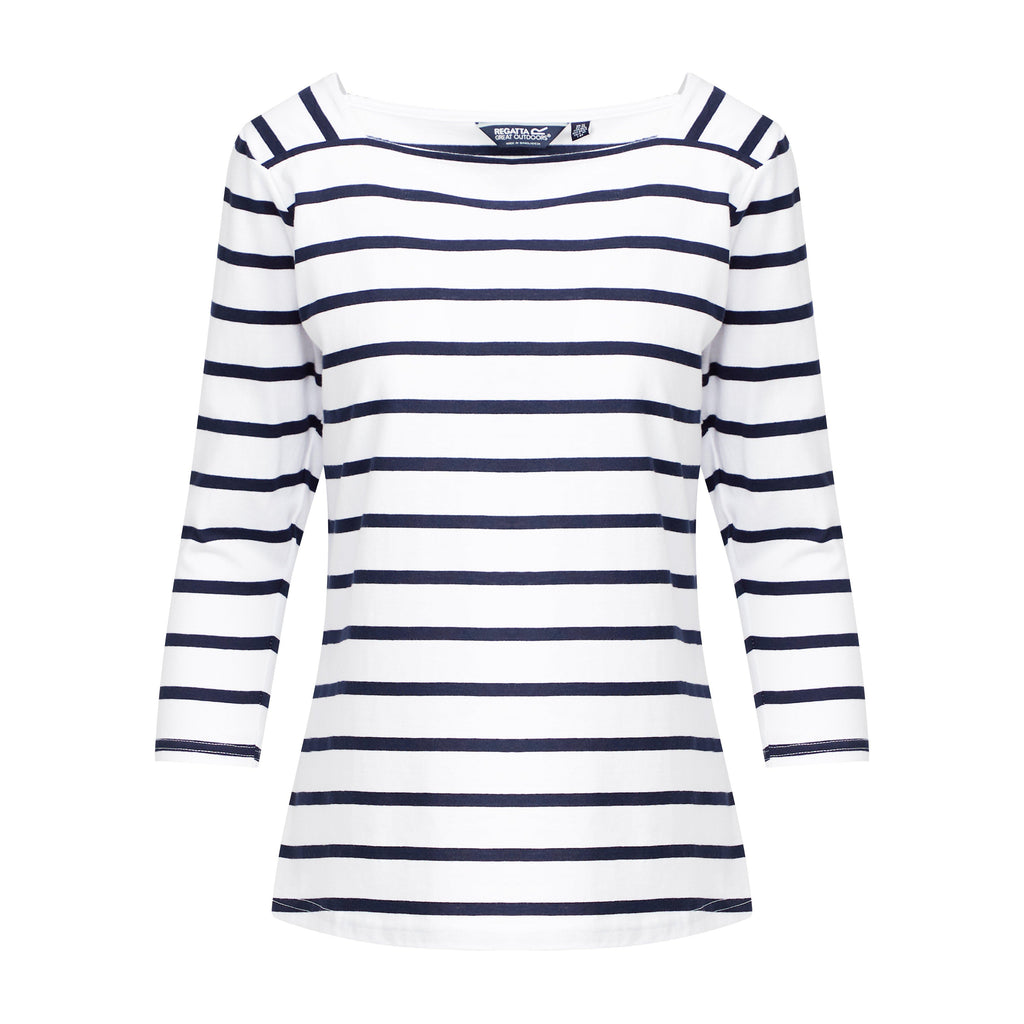 Ladies Polexia Square Neck Top White Navy Stripe