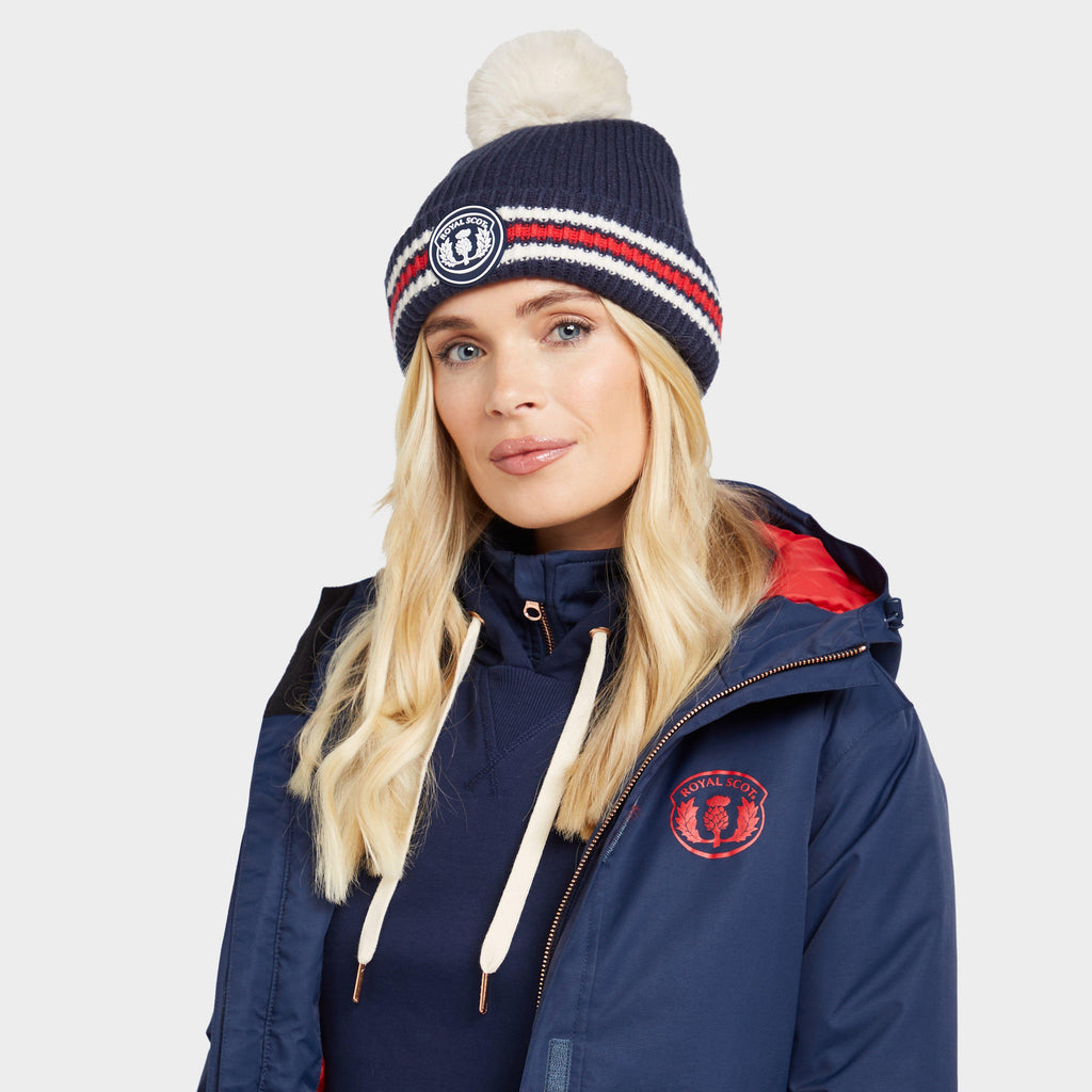 Adults Stripe Bobble Hat Dark Blue