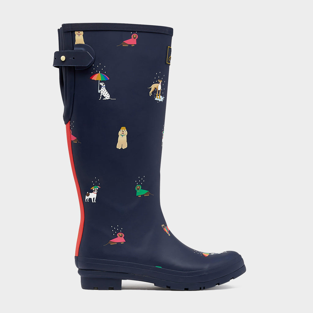 Womens Printed Wellies With Adjustable Back Gusset Navy Dogs