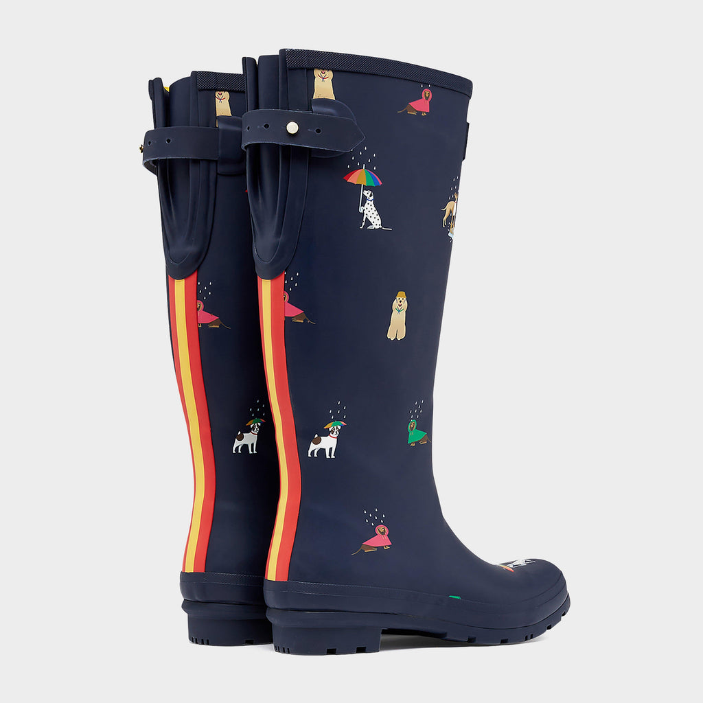 Womens Printed Wellies With Adjustable Back Gusset Navy Dogs