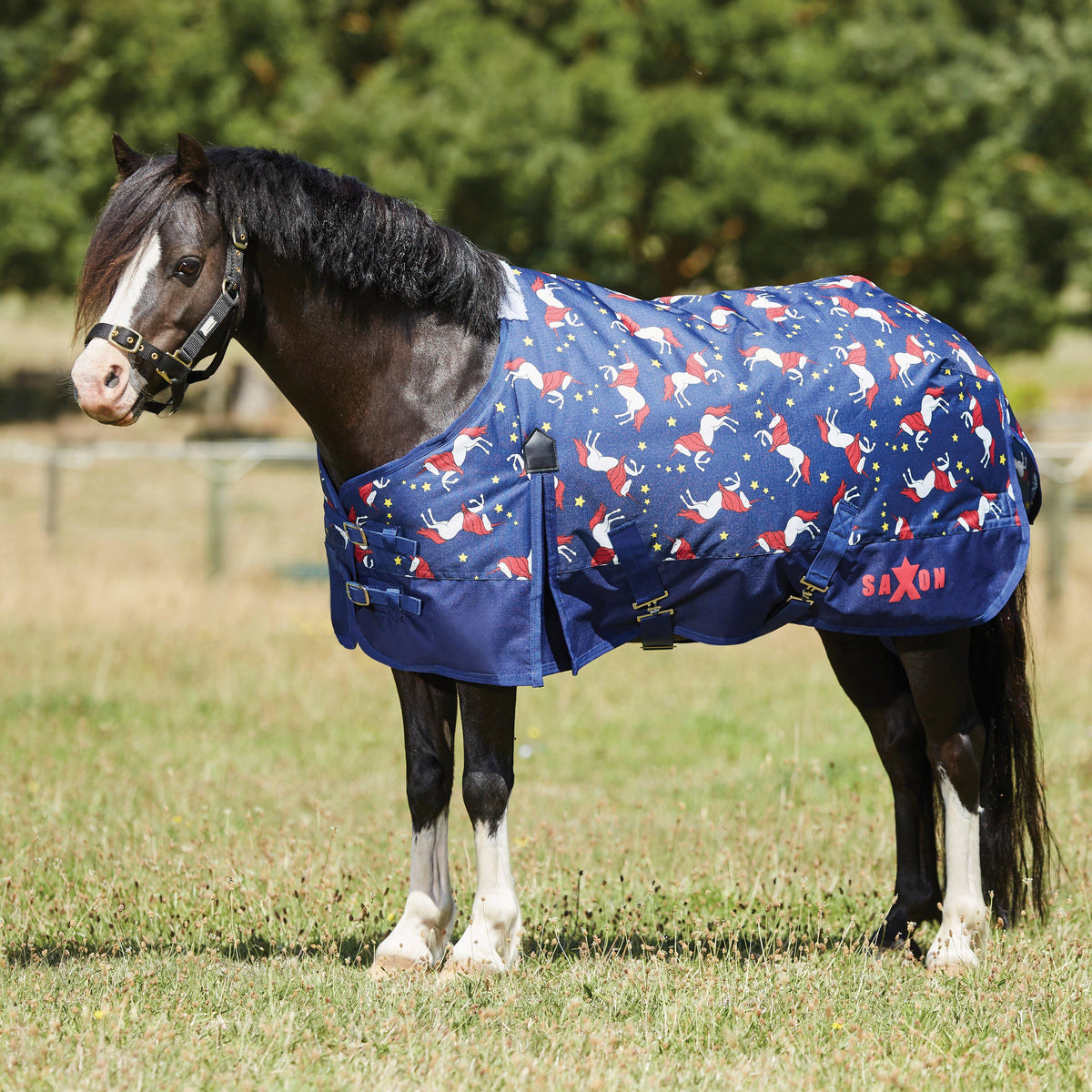 Defiant 600D Pony Standard Neck 180g Medium Turnout Rug Blue Unicorn Print