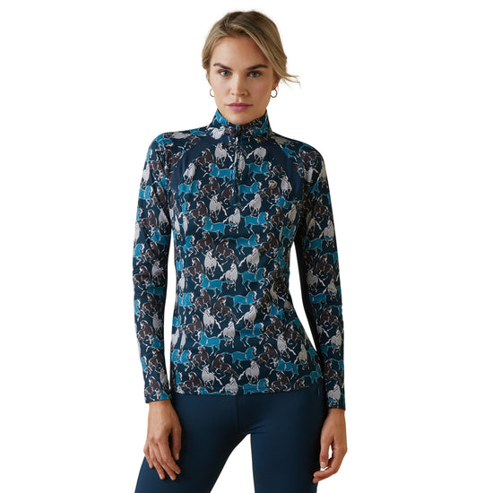 Womens Sunstopper 2.0 1/4 Zip Base Layer Mosaic Blue Reflections Print