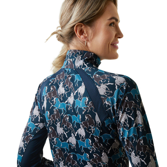 Womens Sunstopper 2.0 1/4 Zip Base Layer Mosaic Blue Reflections Print