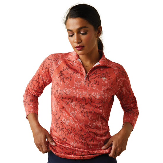 Womens Sunstopper 2.0 1/4 Zip Base Layer Burnt Sienna Mirror Print
