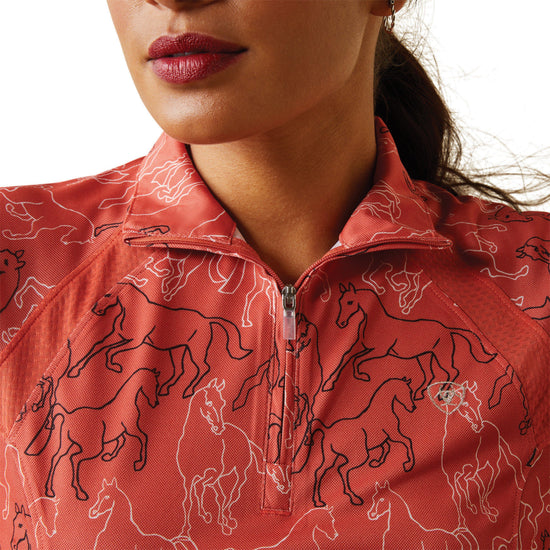 Womens Sunstopper 2.0 1/4 Zip Base Layer Burnt Sienna Mirror Print